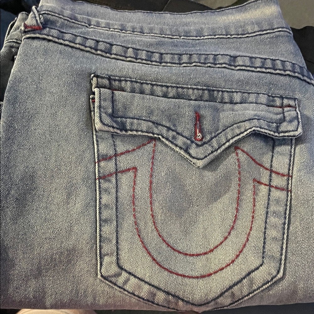 True Religion Women's Light Blue Jeans with Red Stitching